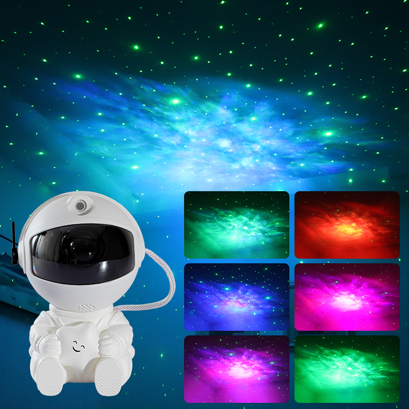Astronaut lamp beside six photos of green, red, blue and magenta nebulae